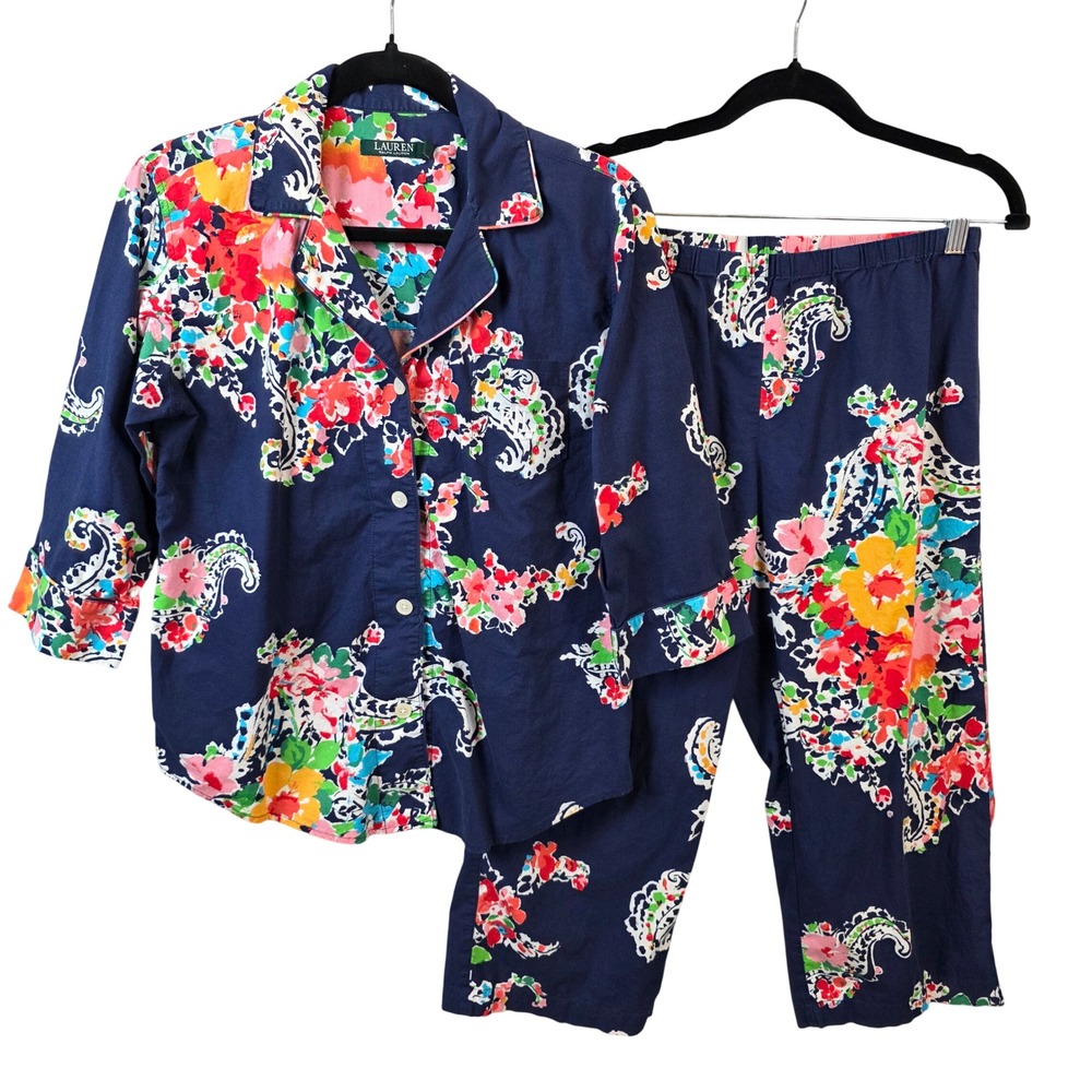 Lauren Ralph Lauren Womens Navy Floral Paisley Cotton Pajama Set Lightweight Md